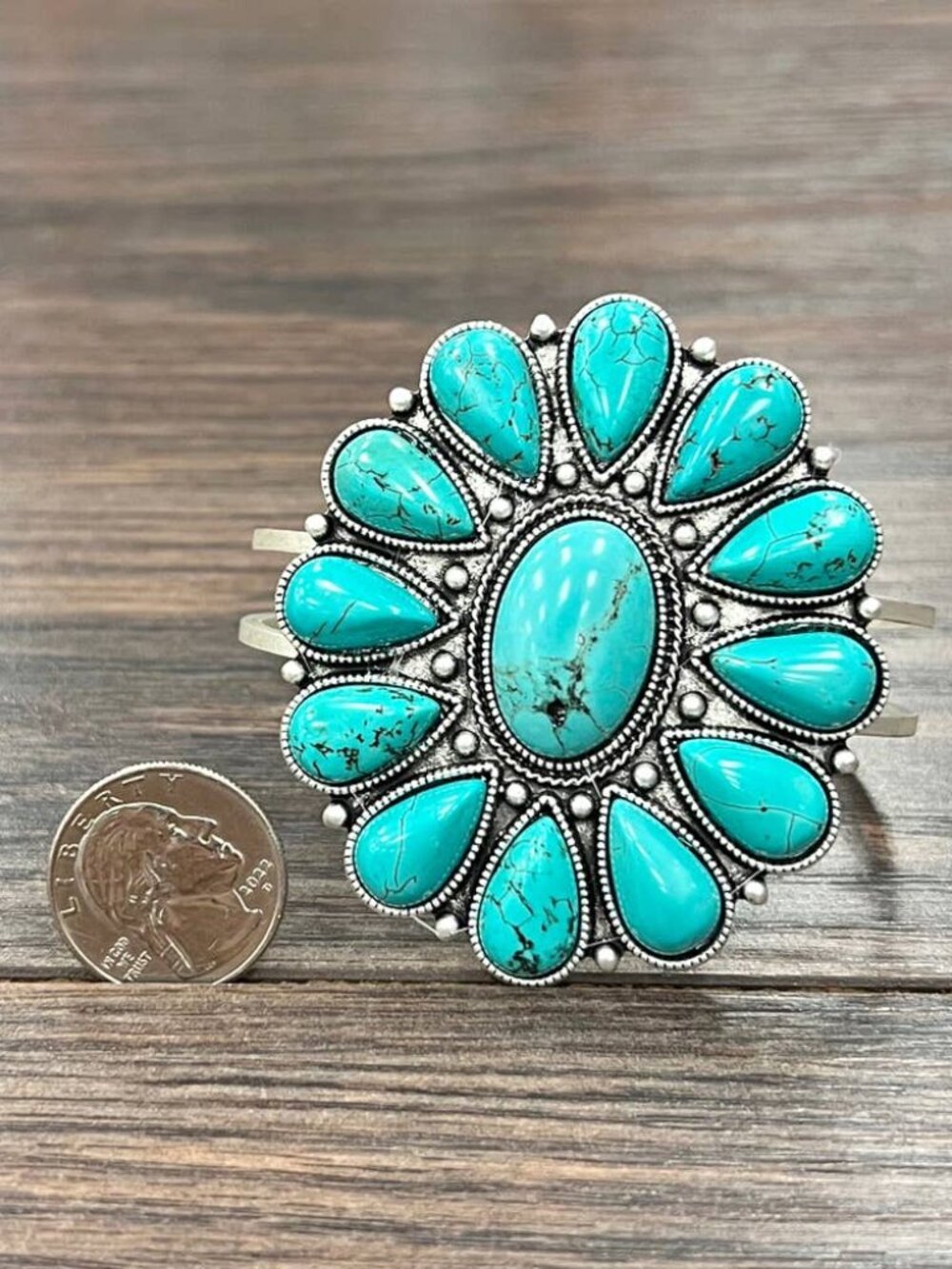 Turquoise Cluster Statement Cuff Bracelet Western Boho Silver Tone Wide - Picture 3 of 3